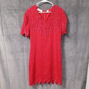 Vintage Amazing Red Laurence Kazar Beaded Silk Dress Size Large EUC